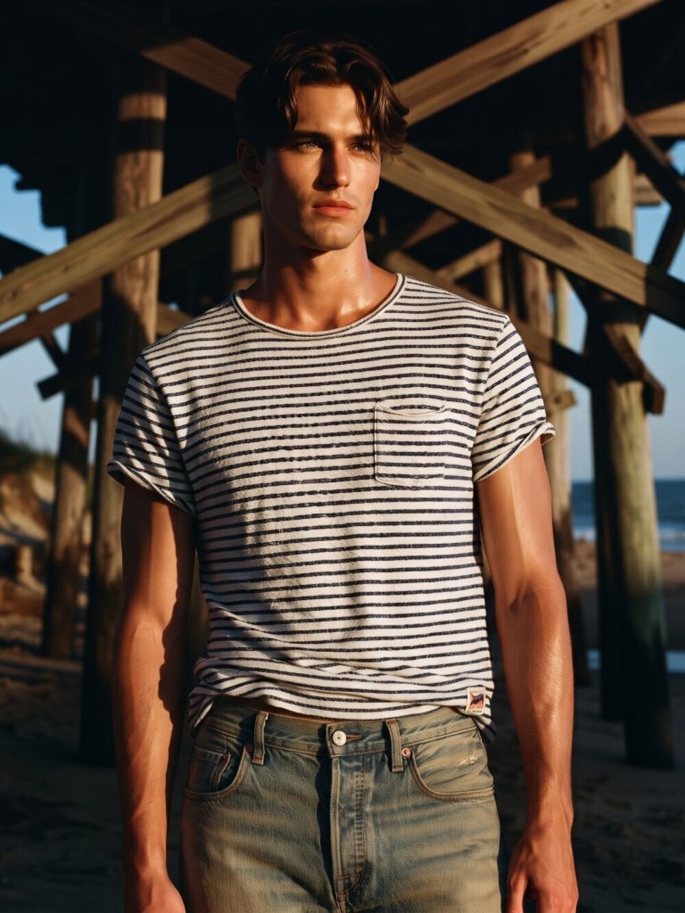 Hollister Men's L Blue White Striped Cotton Tee Pocket Coastal Heritage Grail